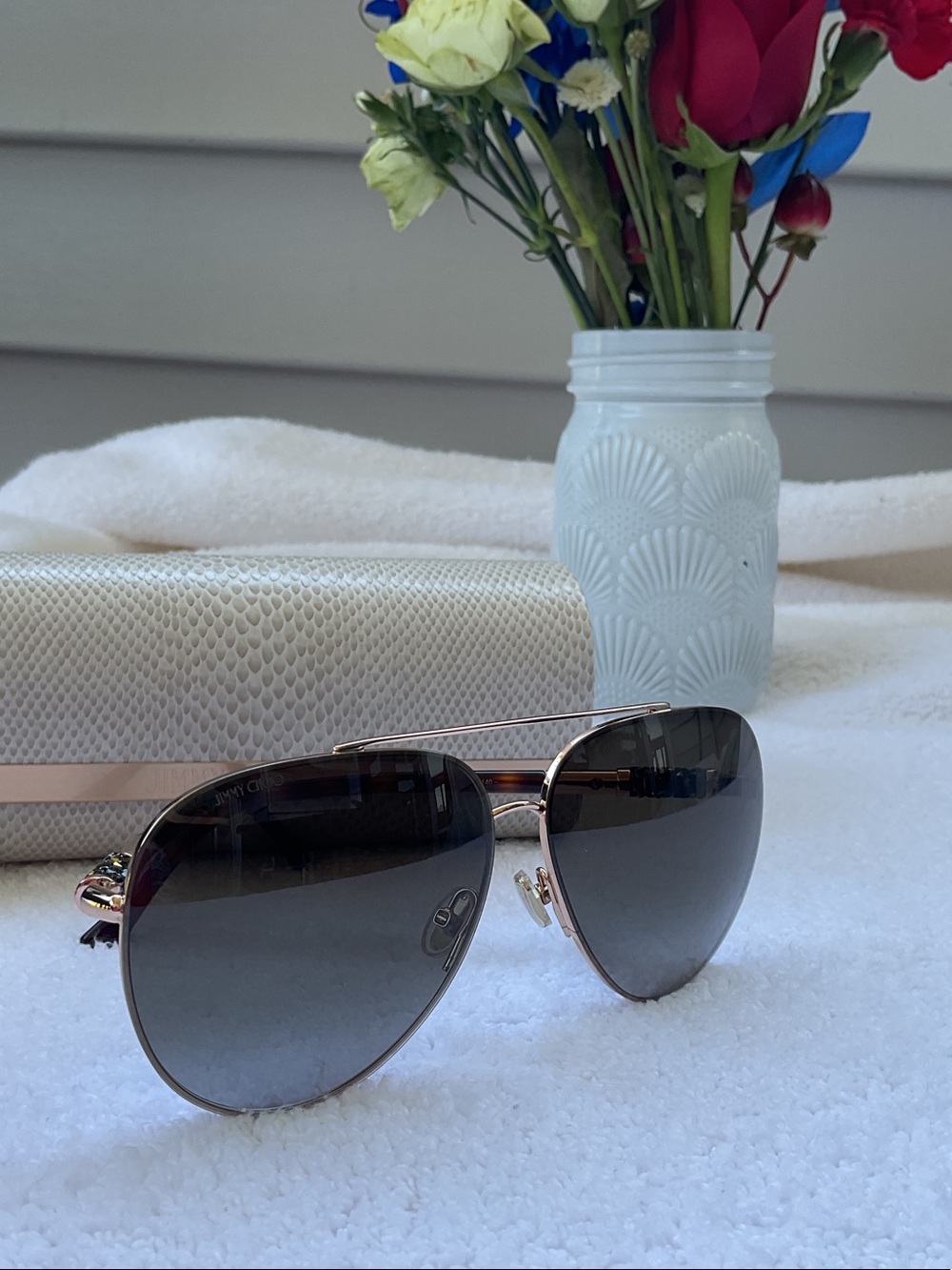Jimmy Choo Rose Gold Aviator Sunglasses with Gradient Gray Lenses